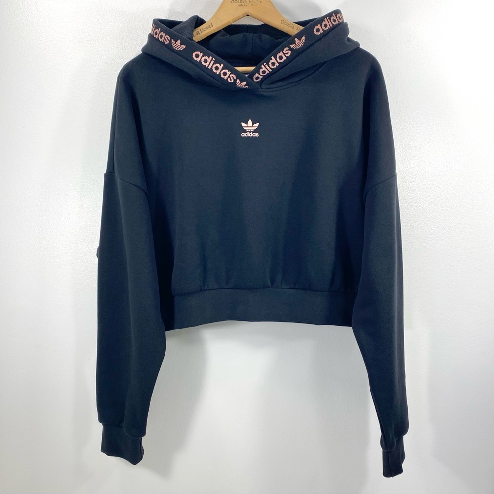 Adidas Originals Black Cropped Oversized Hoodie Sweatshirt with Rose Gold Logo M